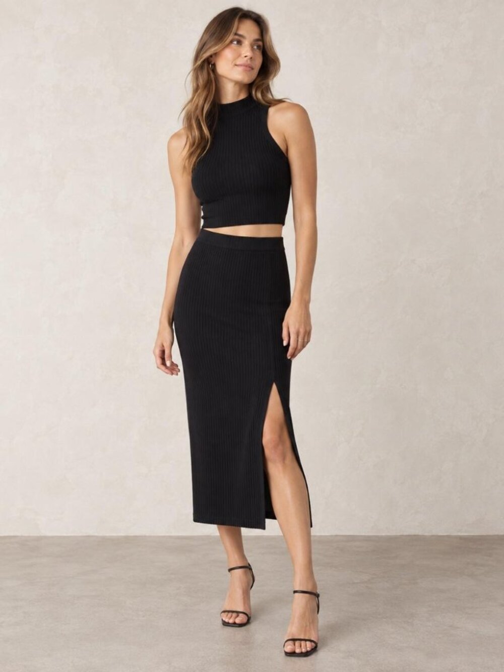 ABERCROMBIE & FITCH Black Ribbed Knit Midi Skirt - XS
